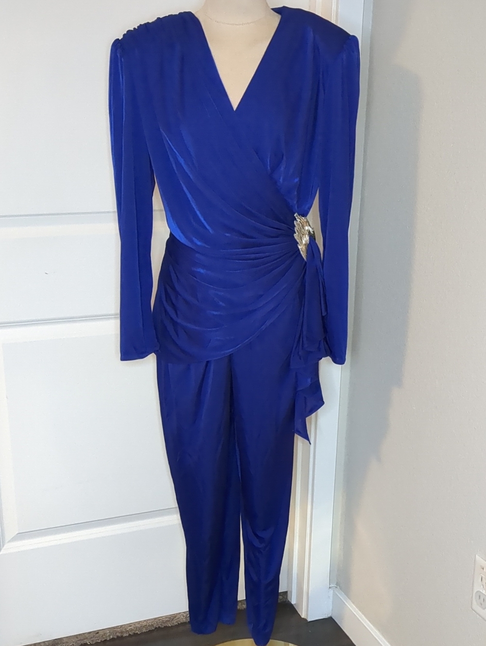 Vintage Abby Kent 80s - Art Deco Royal Blue Jumpsuit Bold Shoulder Formal SZ 14